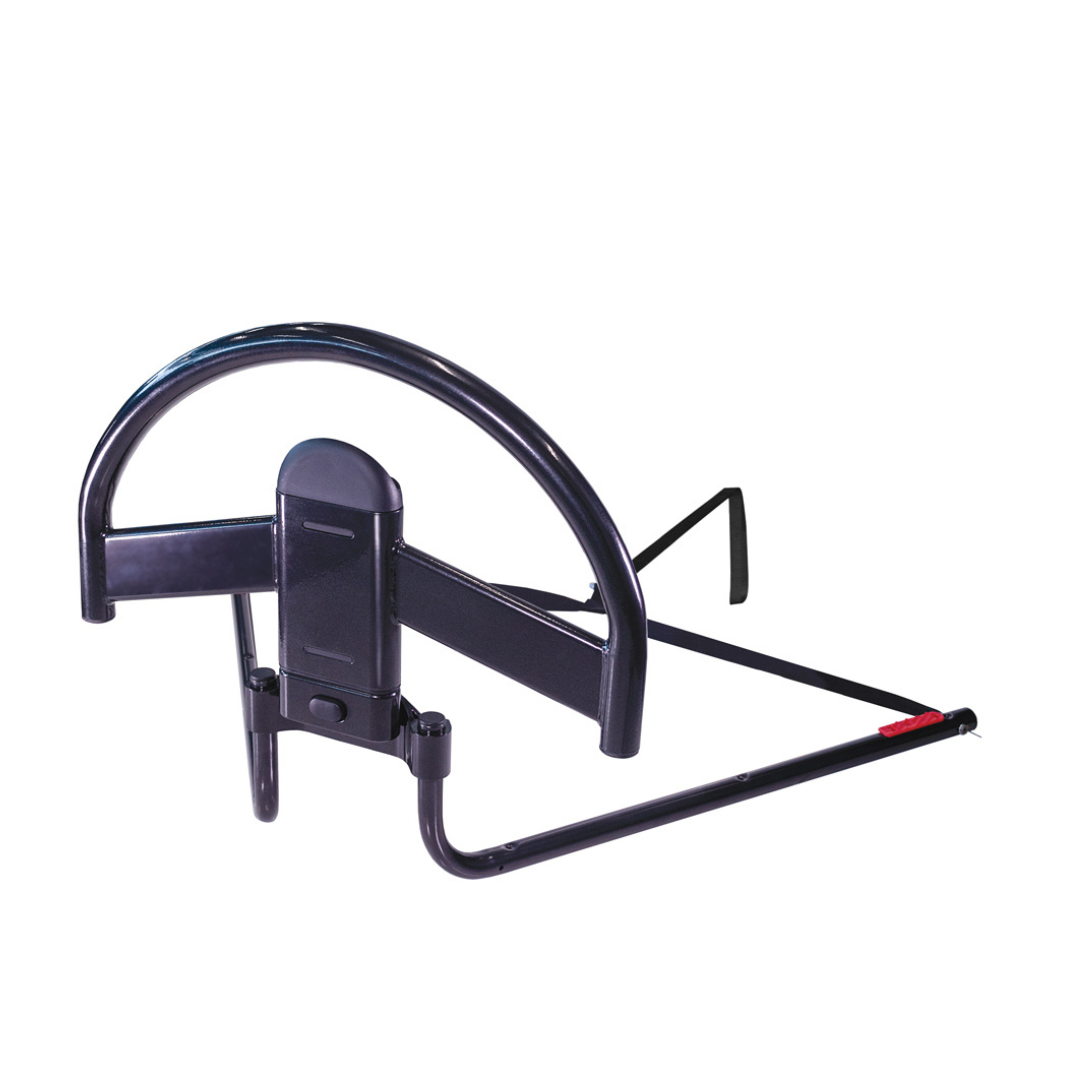 The Stander Click-N-Go Bed Handle with Quick Release Button is a sturdy, foldable metal support with a curved top and red reflective strip, locking mechanism, and support legs for safetyāideal for preventing unauthorized parking.
